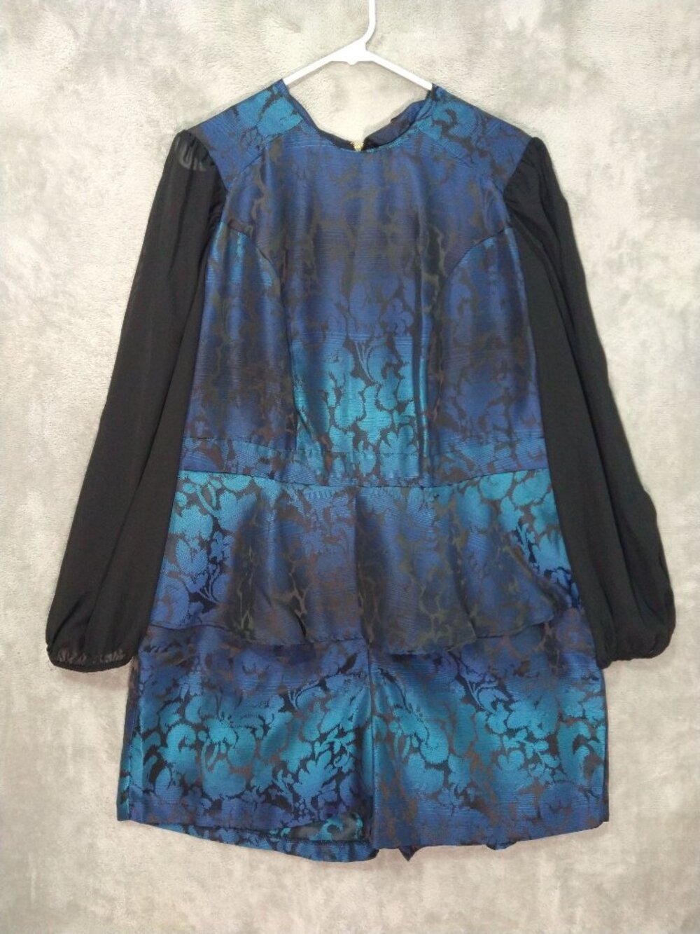 Monif C Romper Womens 2X Blue Floral Crew Neck Long Sleeve Blue Peplum Satin - Picture 2 of 9